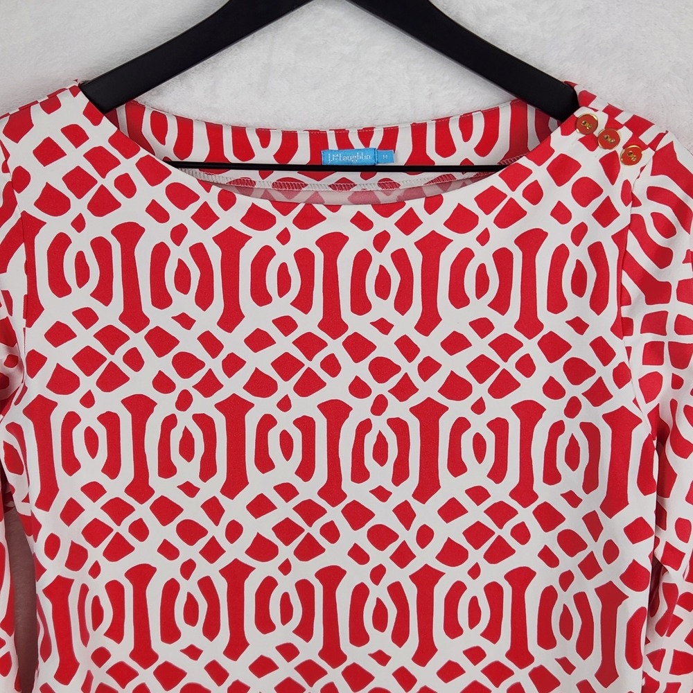 J.McLaughlin Boat Neck Top Women Size M Coral Geo Nautical Resort Mod Stretch
